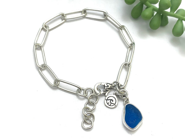 Electric Blue Sea Glass Multi on Sterling Silver Paperclip Bracelet - Ocean Soul