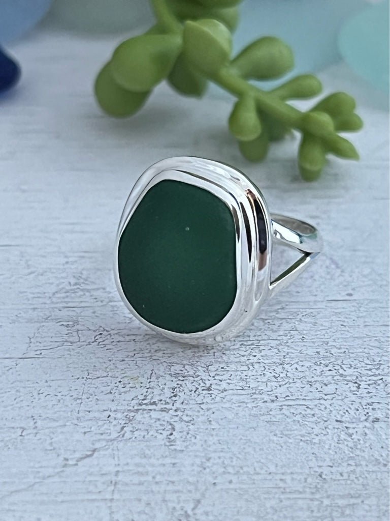 Emerald Sea Glass Statement Ring - Size 6 - Ocean Soul