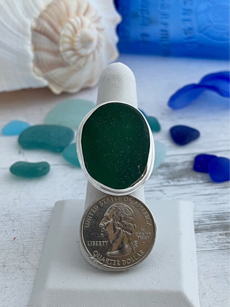 Emerald Sea Glass Statement Ring - Size 9 - Ocean Soul