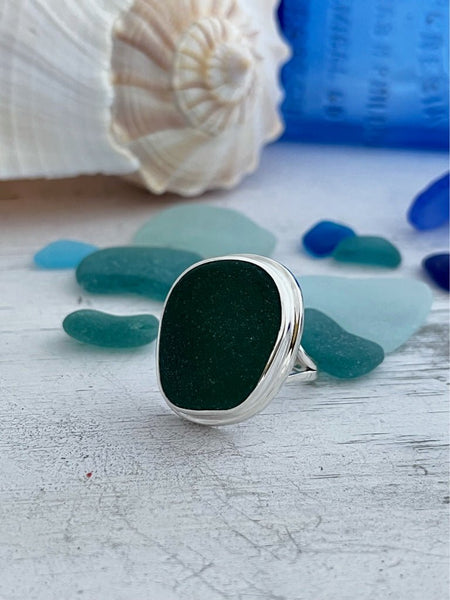 Emerald Sea Glass Statement Ring - Size 9 - Ocean Soul