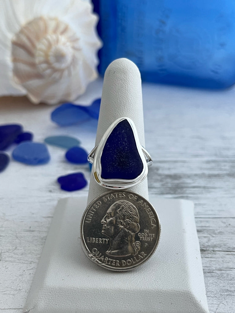 Frosted Cobalt Sea Glass Statement Ring - 9 - Ocean Soul