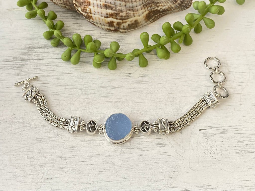 Frosted NEO Sea Glass on the adjustable Triple Tigertail Bracelet - Ocean Soul