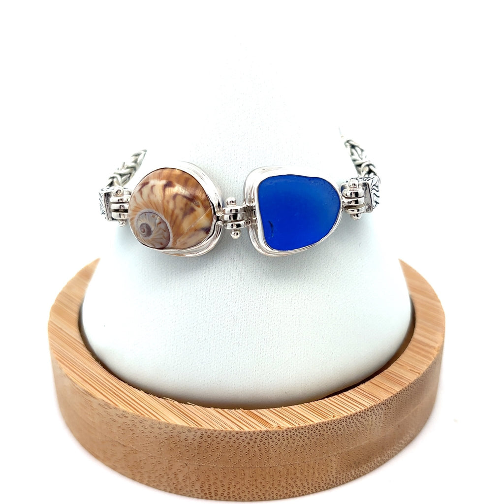 Gaudy Nautica and Cobalt Sea Glass on the Classic Tigertail Bracelet - Ocean Soul