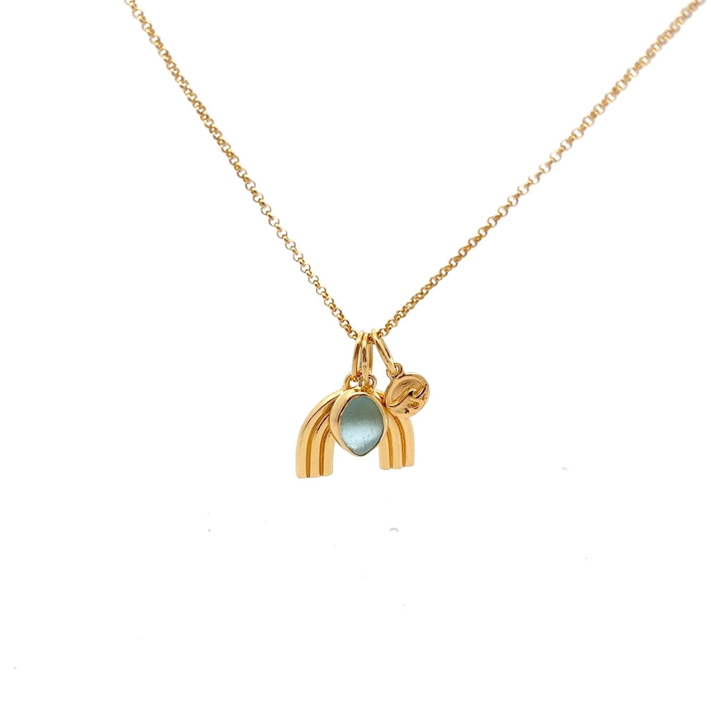 Gold Vermeil Rainbow Necklace with Aqua Sea Glass - Ocean Soul