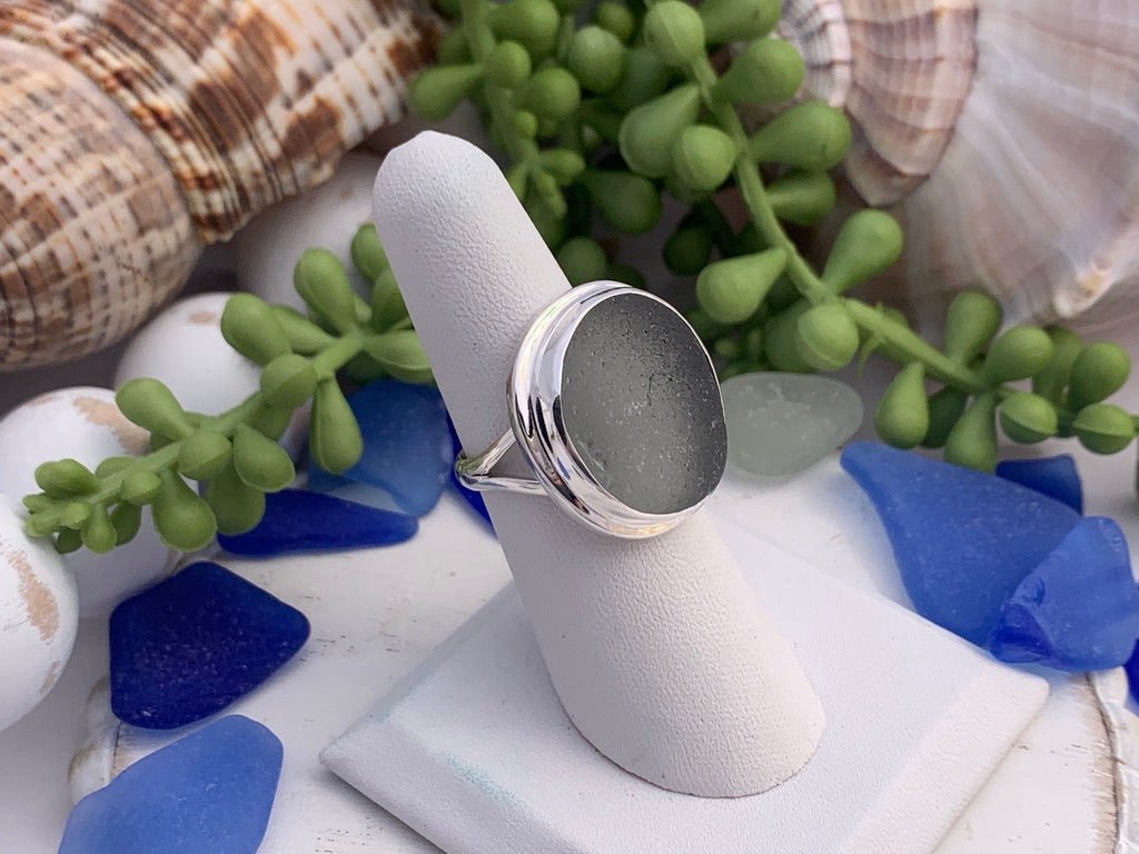 Gray Sea Glass Statement Ring - Size 8 - Ocean Soul
