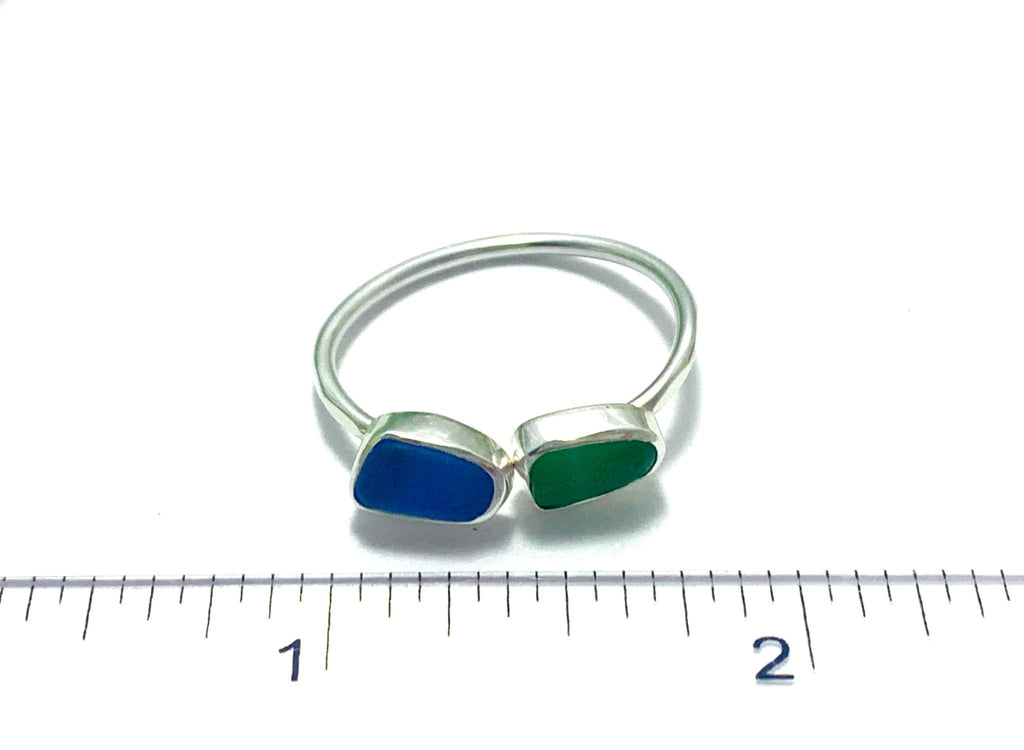 Green and Cornflower Sea Glass By-Pass Ring - Ocean Soul