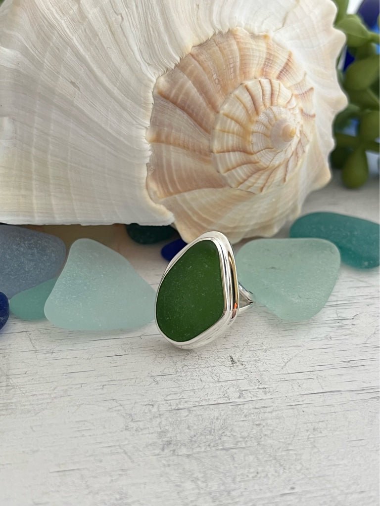 Green Sea Glass Statement Ring - Size 5 - Ocean Soul