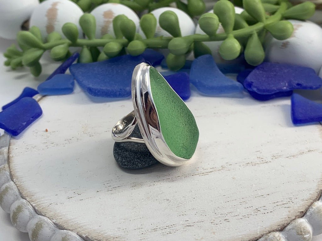 Green Sea Glass Statement Ring - Size 5 - Ocean Soul