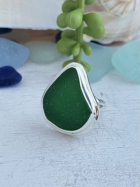 Green Sea Glass Statement Ring - Size 6 - Ocean Soul