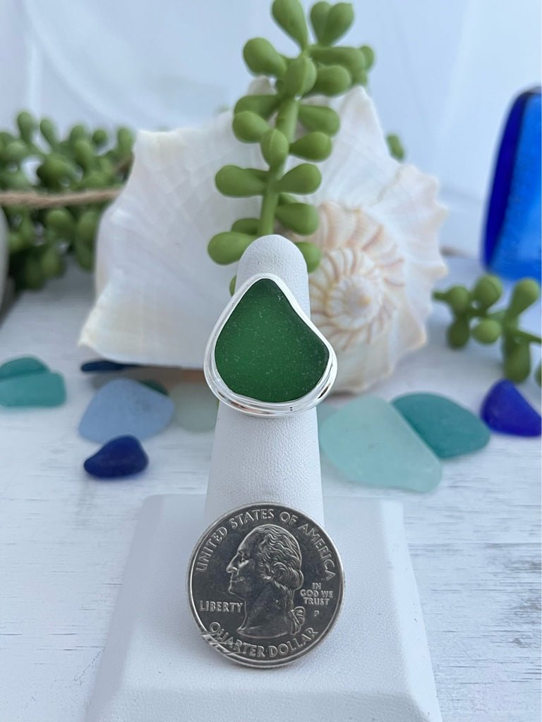 Green Sea Glass Statement Ring - Size 6 - Ocean Soul