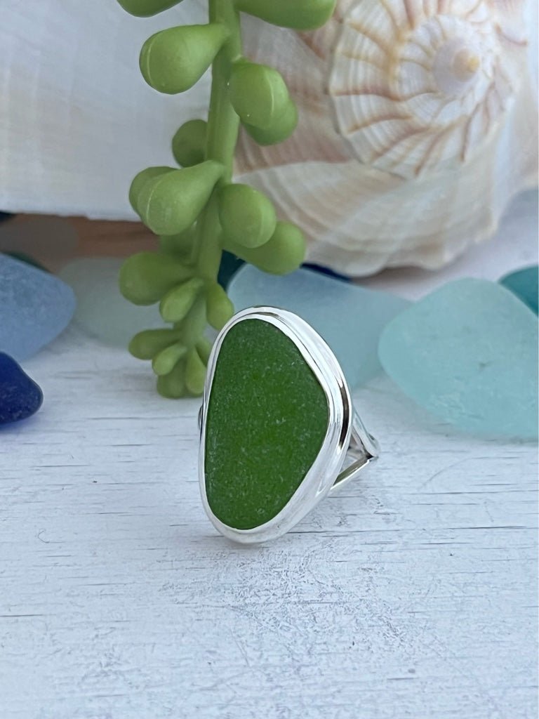 Green Sea Glass Statement Ring - Size 6 - Ocean Soul