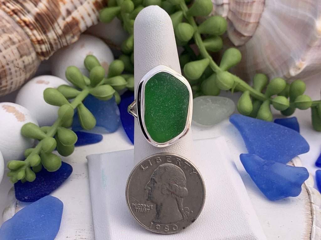 Green Sea Glass Statement Ring - Size 8 - Ocean Soul