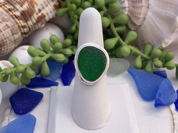 Green Sea Glass Statement Ring - Size 8 - Ocean Soul