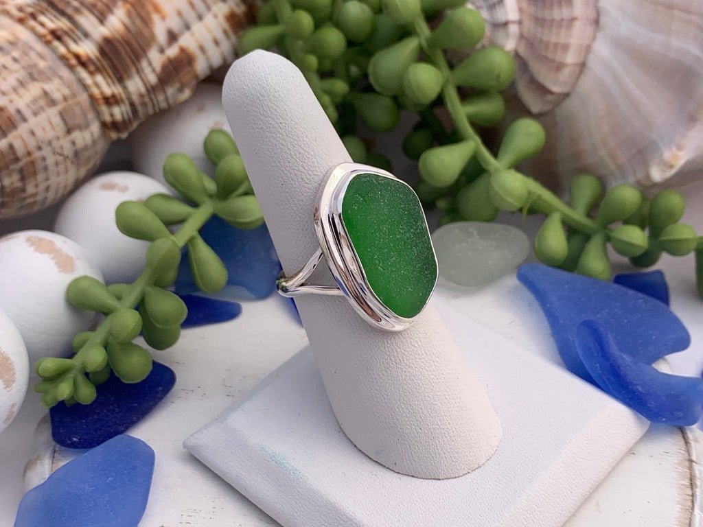 Green Sea Glass Statement Ring - Size 8 - Ocean Soul