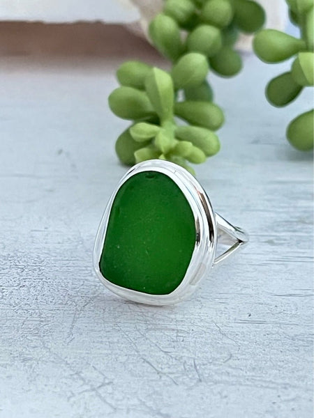 Green Sea Glass Statement Ring - Size 9 - Ocean Soul