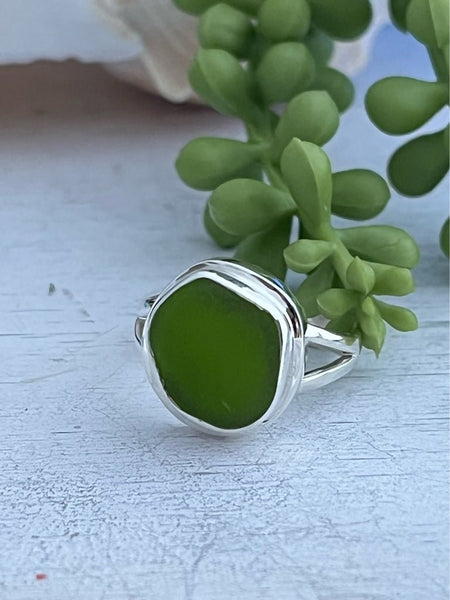 Green Sea Glass Statement Ring - Size 9 - Ocean Soul