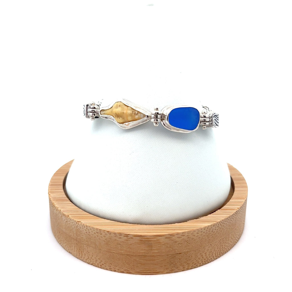 Horse Conch and Cobalt Sea Glass on the Classic Tigertail Bracelet - Ocean Soul