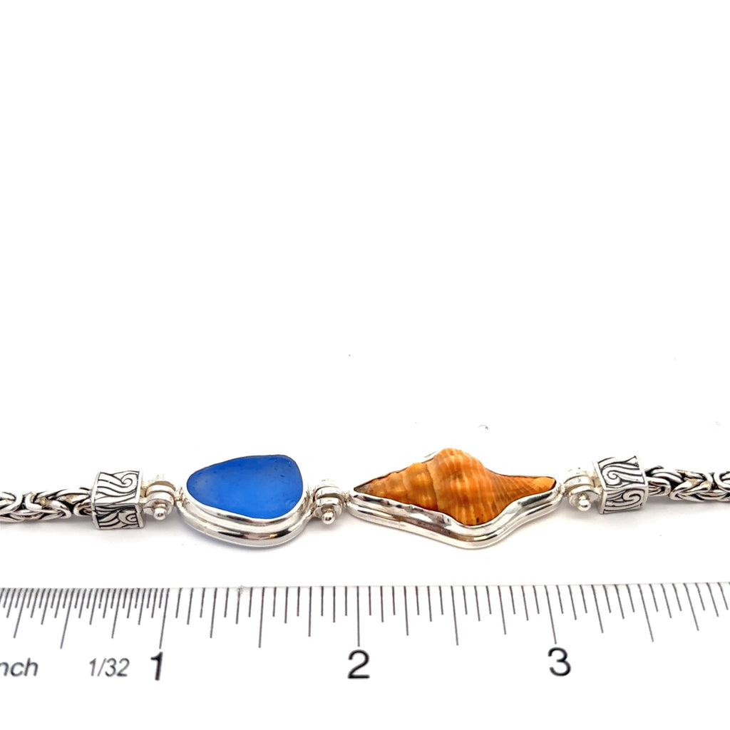 Horse Conch and Cornflower Sea Glass on Classic Tigertail Bracelet - Ocean Soul