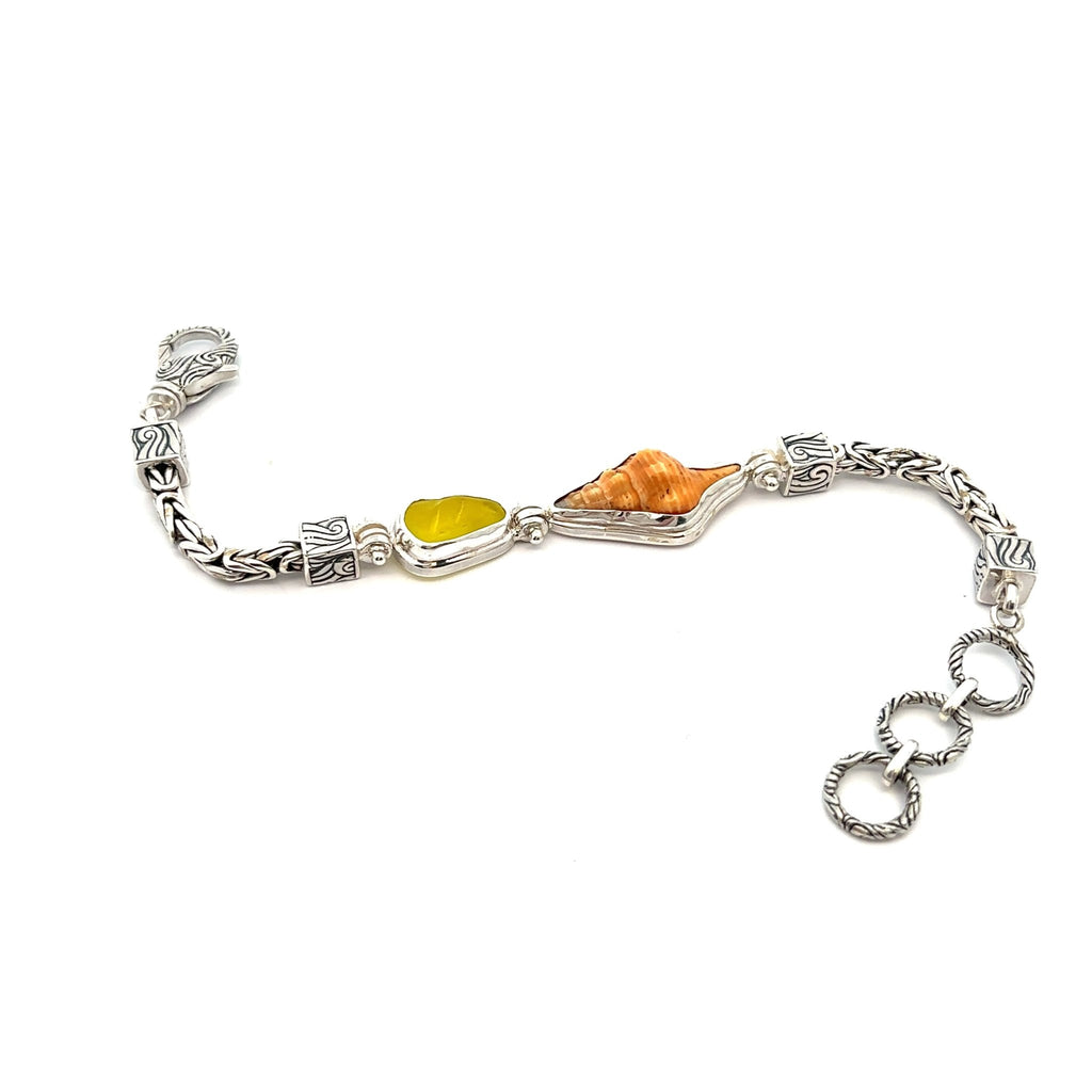 Horse Conch and Yellow Sea Glass on the Classic Tigertial Bracelet - Ocean Soul
