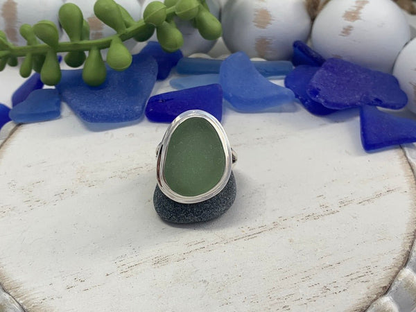 Light Green Sea Glass Statement Ring - Size 5 - Ocean Soul