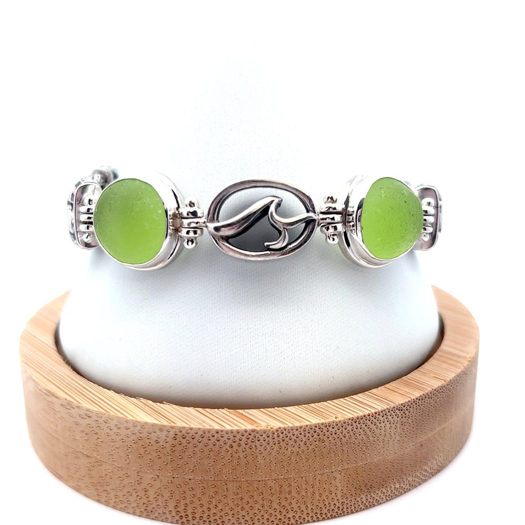 Lime Green Sea Glass on the Triple Tigertail Adjustable Bracelet - Ocean Soul