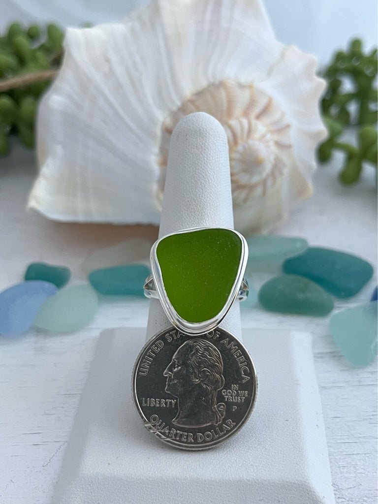 Lime Sea Glass Statement Ring - Size 10 - Ocean Soul