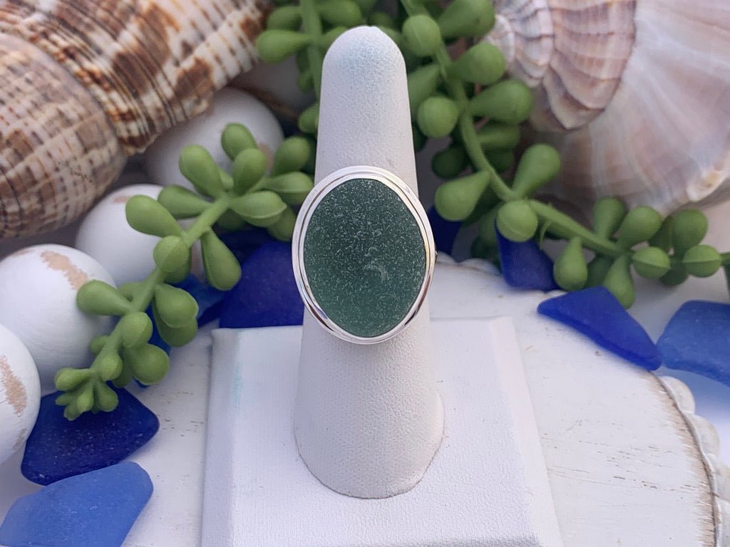 Olive Sea Glass Statement Ring - Size 9 - Ocean Soul