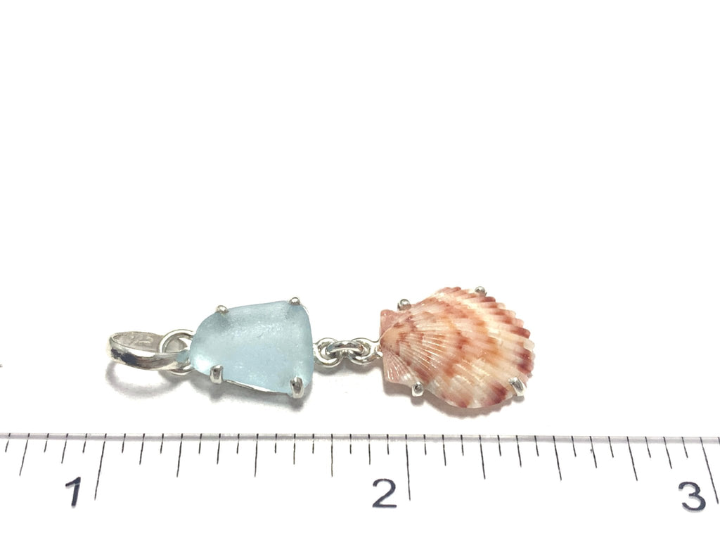 Pale Ice Blue Sea Glass and Scallop Prong Set Pendant - Ocean Soul