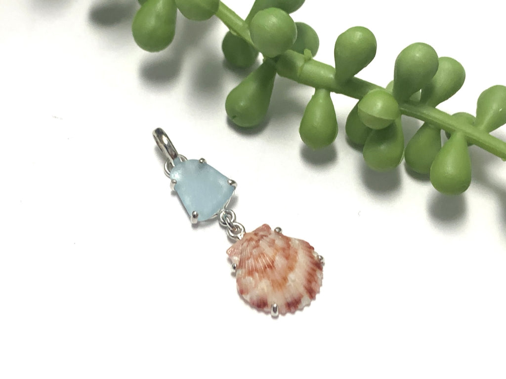 Pale Ice Blue Sea Glass and Scallop Prong Set Pendant - Ocean Soul
