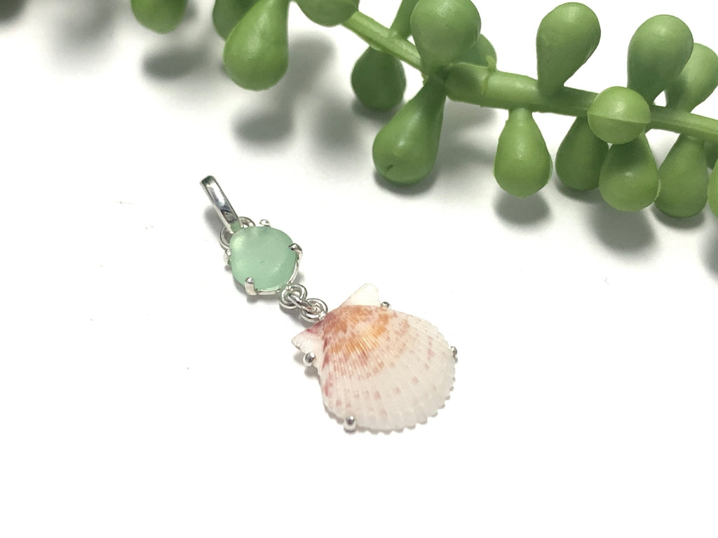 Pale Sage Green Sea Glass and Scallop Prong Set Pendant - Ocean Soul