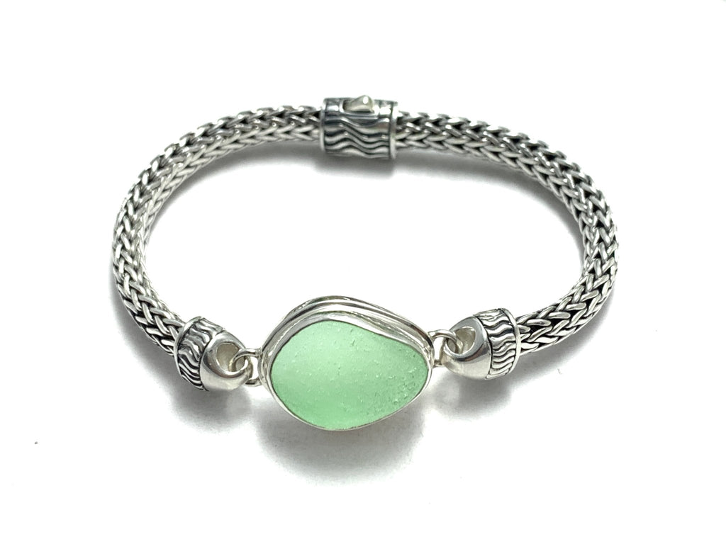 Sage Green Sea Glass on Bali Wave Bracelet - Ocean Soul