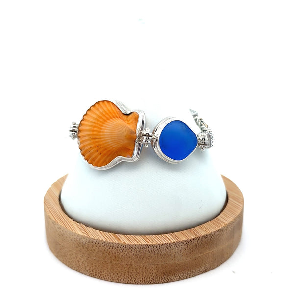 Scallop and Cobalt Sea Glass on the Classic Tigertail Bracelet - Ocean Soul