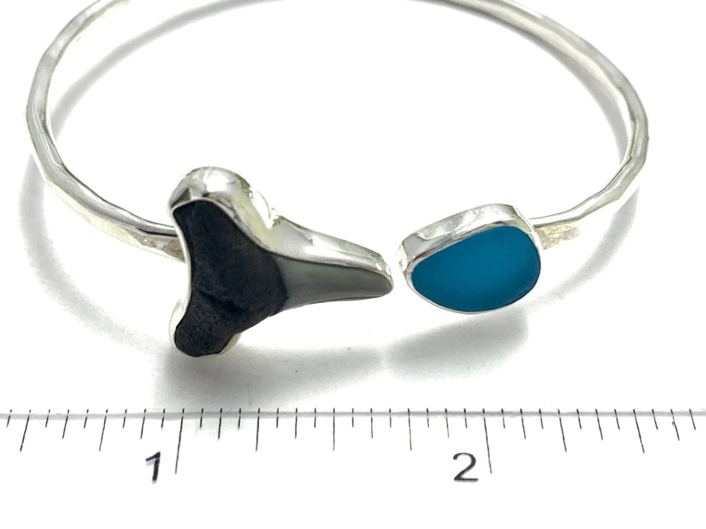 Shark Tooth and Aquamarine Sea Glass By-Pass Bracelet - Ocean Soul