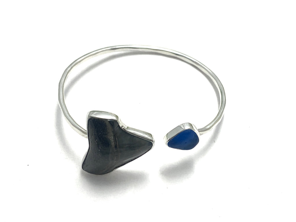 Shark Tooth and Electric Blue Sea Glass By-Pass Bracelet - Ocean Soul