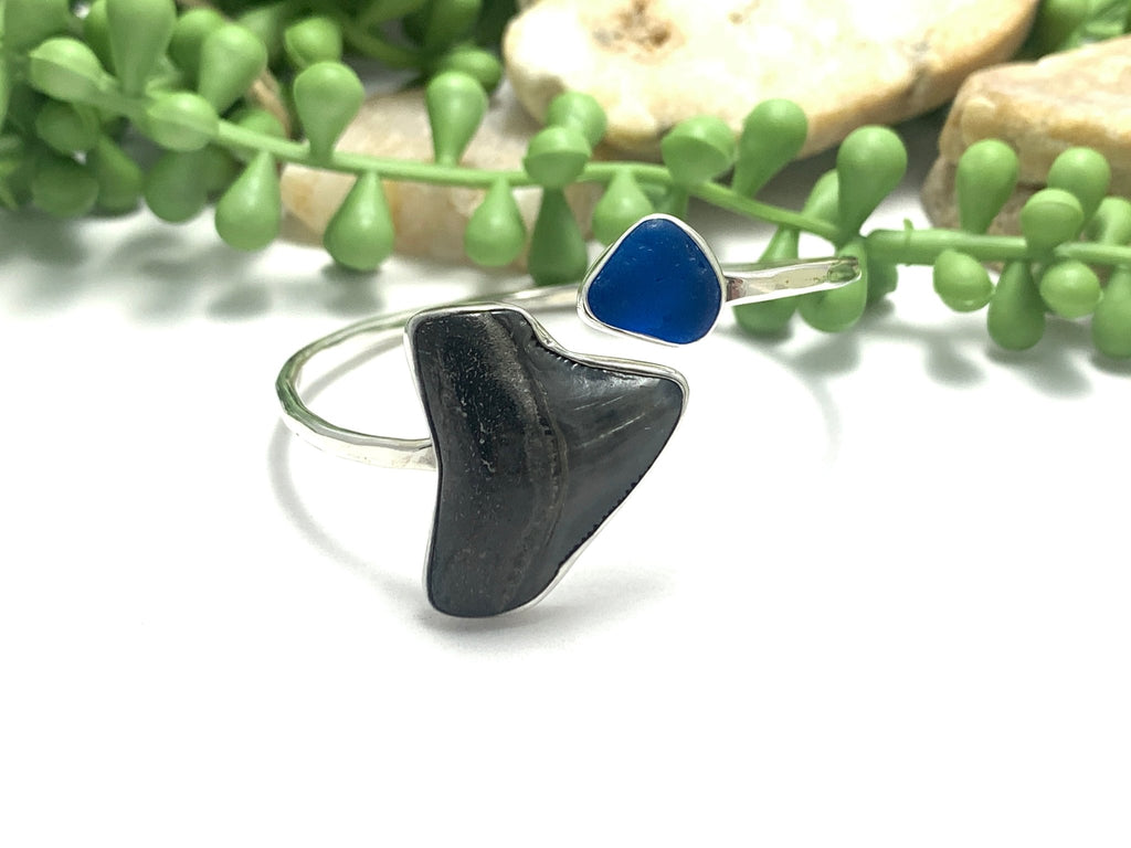 Shark Tooth and Electric Blue Sea Glass By-Pass Bracelet - Ocean Soul