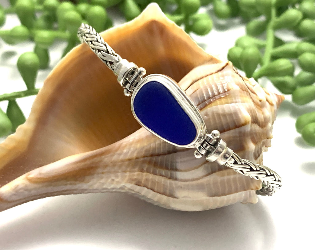 Shiny Cobalt Sea Glass on Romano Adjustable Chain Bracelet - Ocean Soul