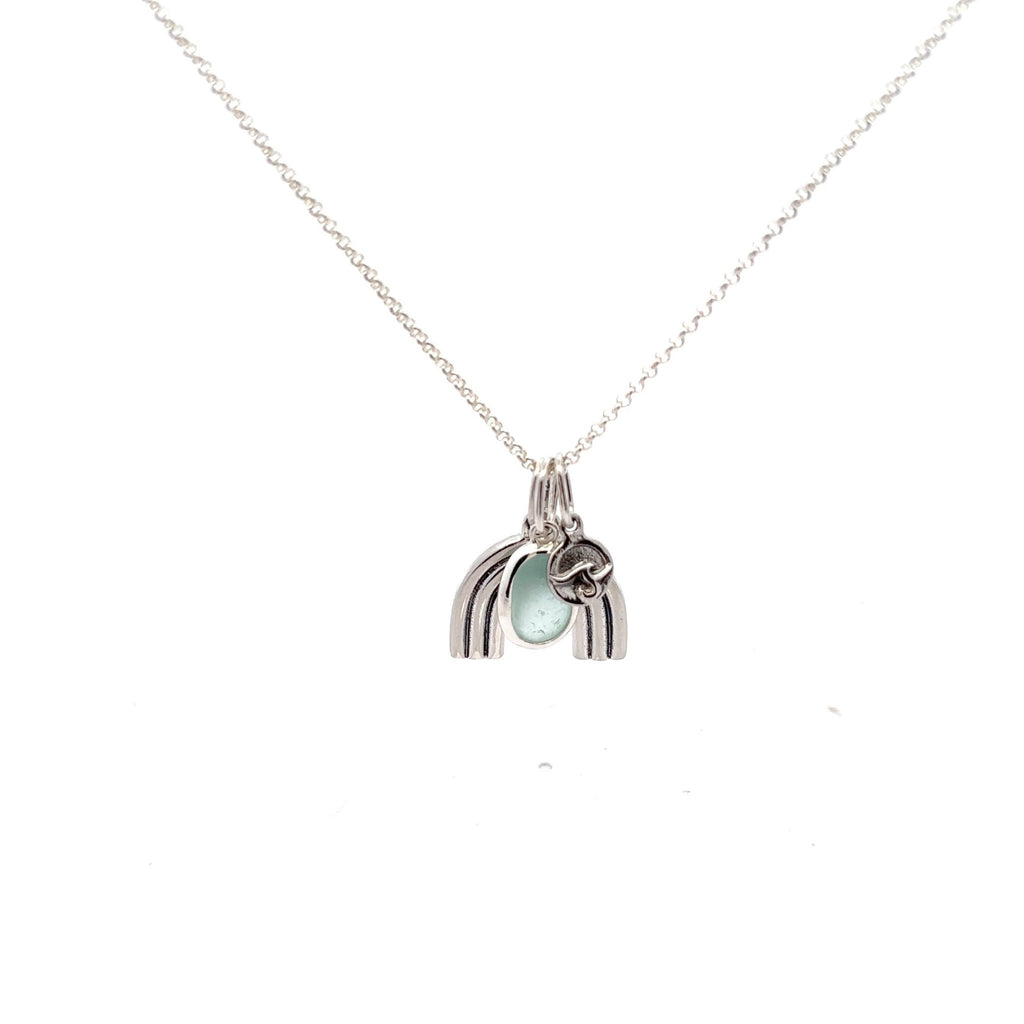 Sterling Silver Rainbow Necklace with Pale Blue Sea Glass - Ocean Soul
