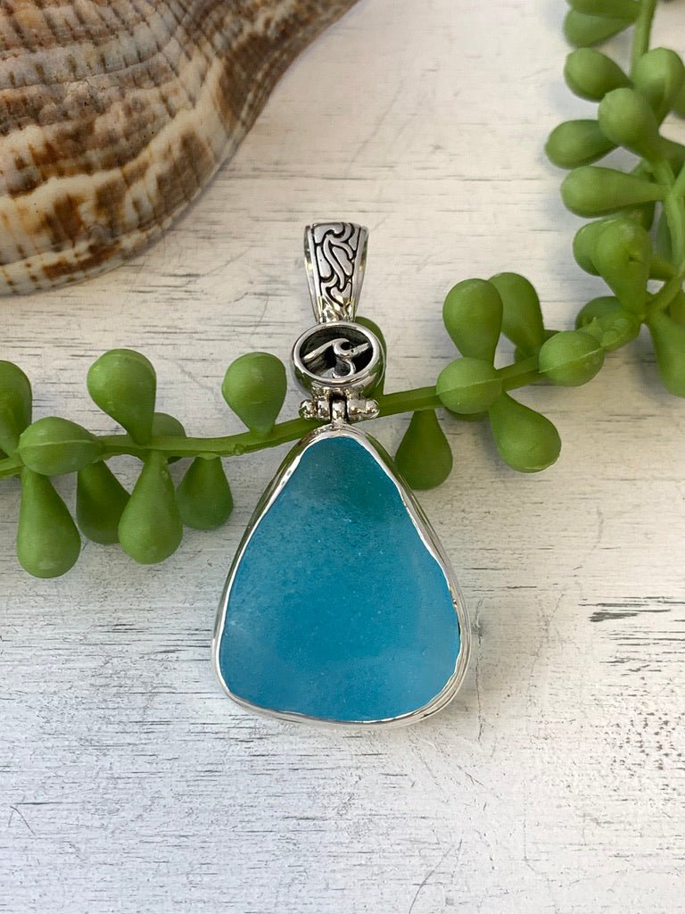 Stunning Caribbean Sea Glass Pendant with Hand-carved bail and logo - Ocean Soul