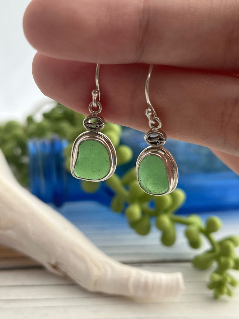 Stylish Green Sea Glass Double Bezel Earrings - Ocean Soul