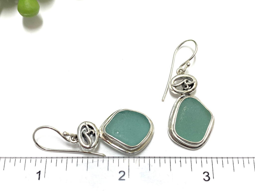 Teal Sea Glass Earrings with OS Logo and Double Bezel - Ocean Soul
