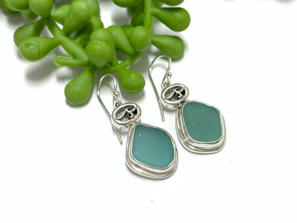 Teal Sea Glass Earrings with OS Logo and Double Bezel - Ocean Soul