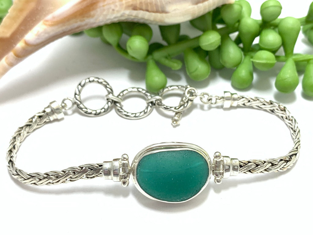 Teal Sea Glass on Romano Adjustable Bracelet - Ocean Soul