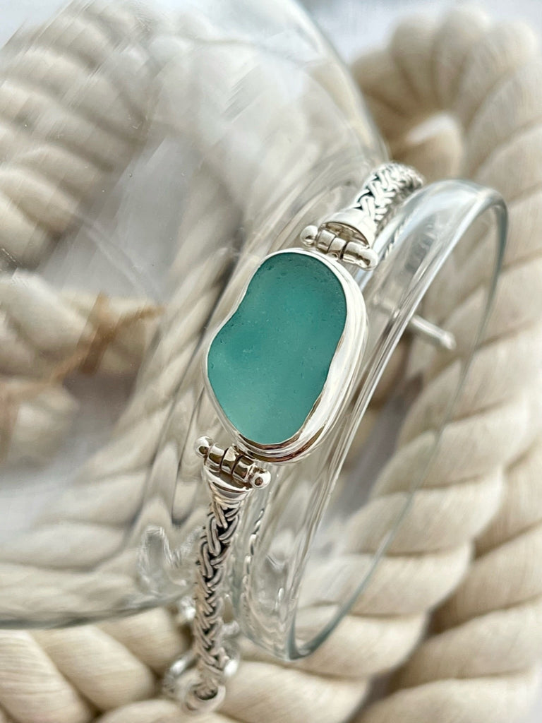 Teal Sea Glass on Romano Adjustable Chain Bracelet - Ocean Soul