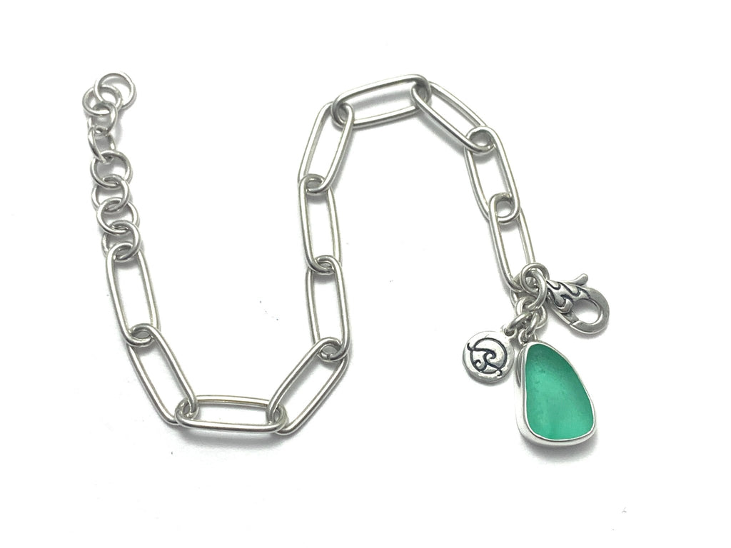 Teal Sea Glass on Sterling Silver Paperclip Bracelet - Ocean Soul