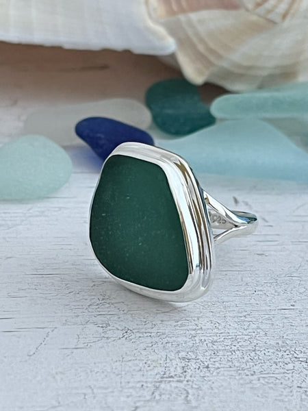 Teal Sea Glass Statement Ring - Size 10 - Ocean Soul
