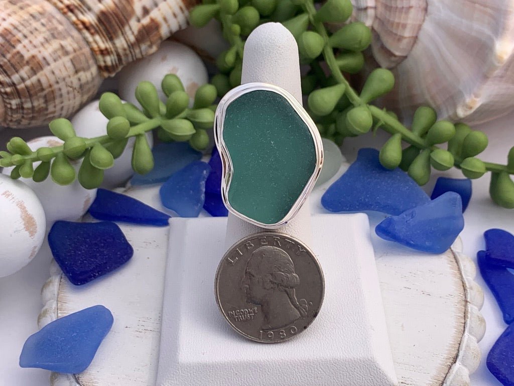 Teal Sea Glass Statement Ring - Size 8 - Ocean Soul