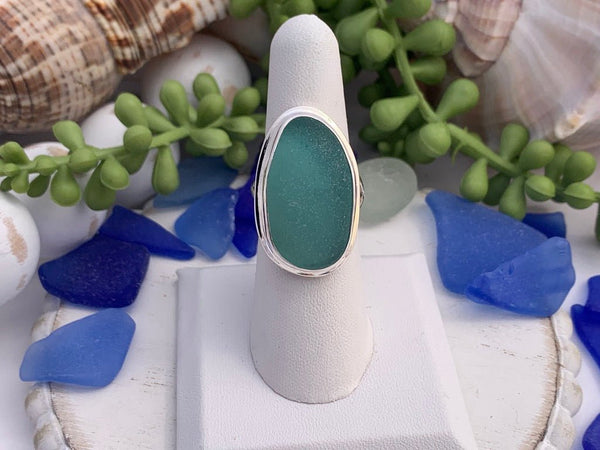 Teal Sea Glass Statement Ring - Size 8 - Ocean Soul