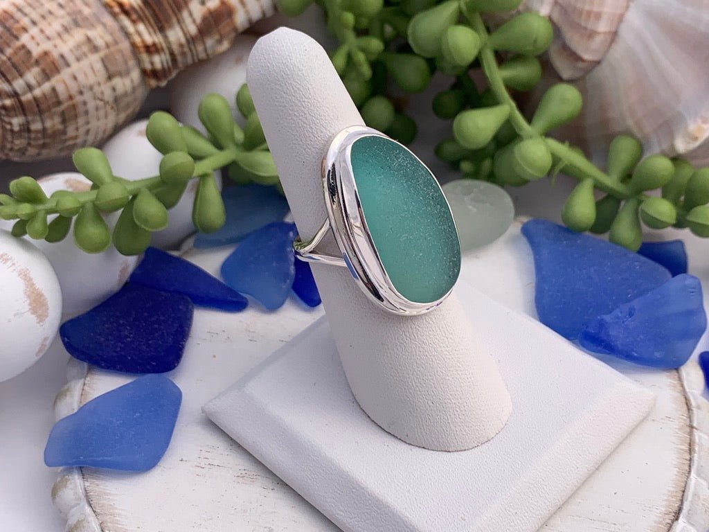 Teal Sea Glass Statement Ring - Size 8 - Ocean Soul