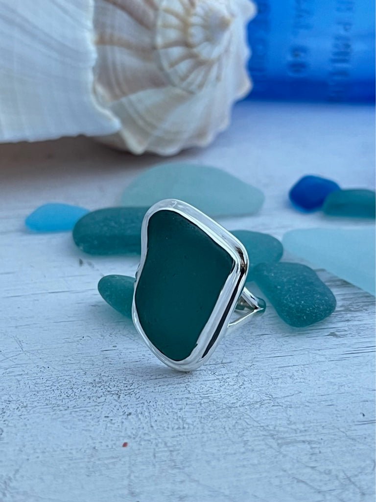 Teal Sea Glass Statement Ring - Size 9 - Ocean Soul