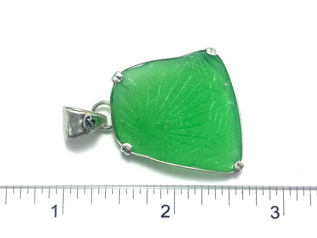 Textured Kelly Green Sea Glass Prong Set Pendant - Ocean Soul